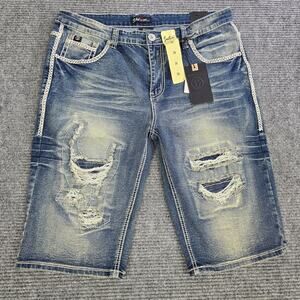 Switch Remarkable Mens Denim Shorts 36 Blue Distressed Ripped Embroidered NWT